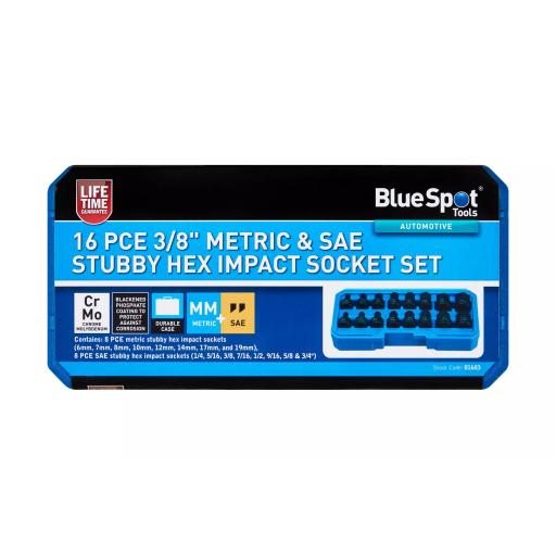 16 PCE 3/8" Metric & SAE Stubby Hex Impact Socket Set