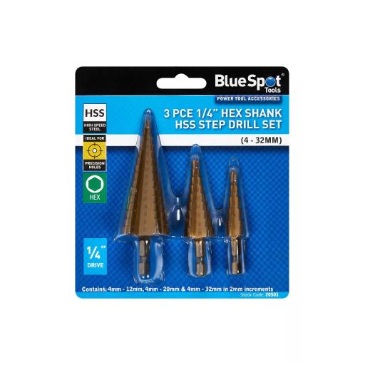 3 PCE Hex Shank HSS Step Drill Set (1/4" Hex Shank) (4 - 32mm)