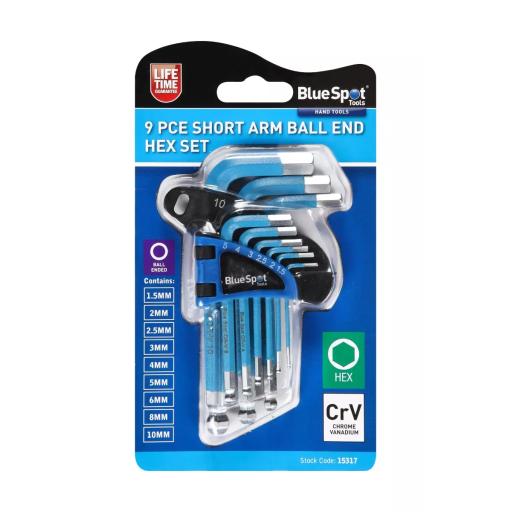 9PCE SHORT ARM BALL END HEX KEY SET