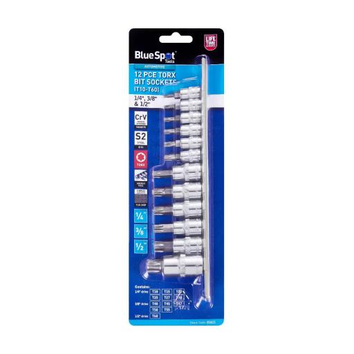 12 PCE 1/4", 3/8", 1/2" Torx Bit Sockets (T10-T60)