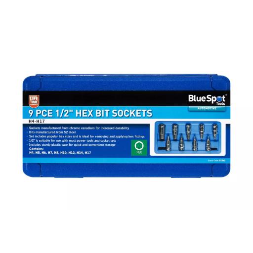 9 PCE 1/2" Hex Bit Sockets (H4 - H17)