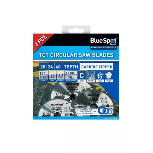 3 PCE 184mm x 30mm TCT Circular Saw Blades (20, 24 & 40 Teeth)