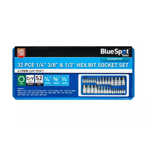 32 PCE 1/4" 3/8" & 1/2" Hex Bit Socket Set (2-19mm) (1/4"-9/16")