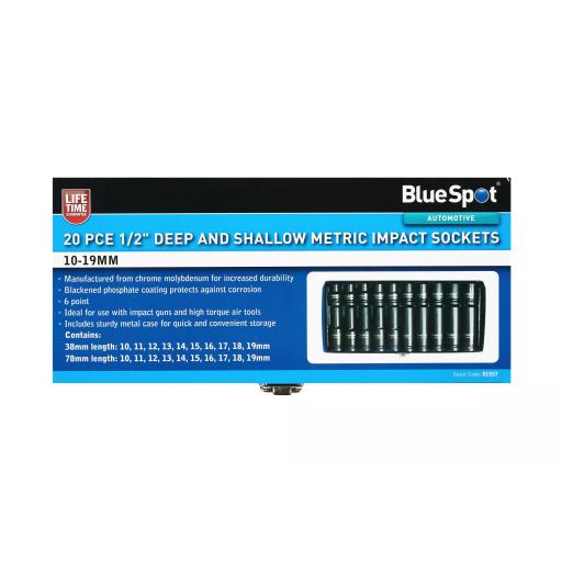 20 PCE 1/2" Deep and Shallow Metric Impact Sockets (10-19mm)