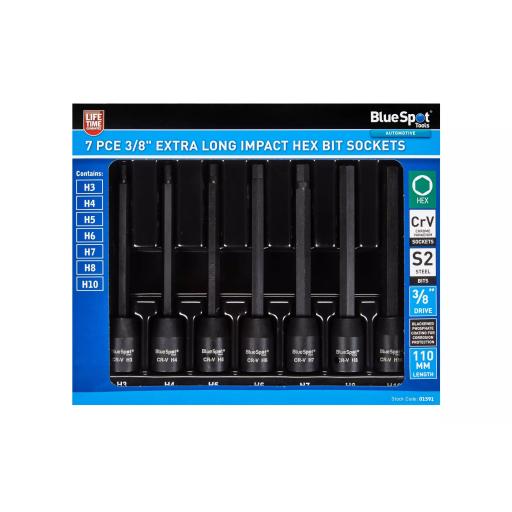 7 PCE EXTRA LONG 3/8" IMPACT HEX BIT SOCKETS