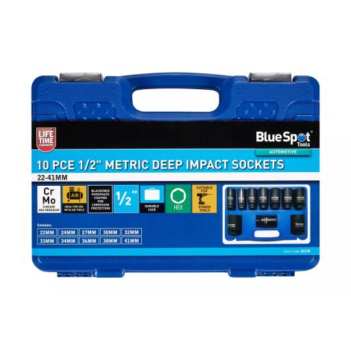 10 PCE 1/2" Metric Deep Impact Sockets 22MM-41MM