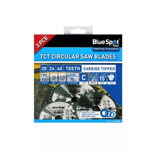 3 PCE 190mm x 30mm TCT Circular Saw Blades (20, 24 & 40 Teeth)