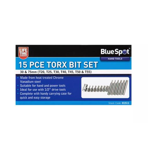 15 PCE 1/2" Torx Bit Set (T20-T55)