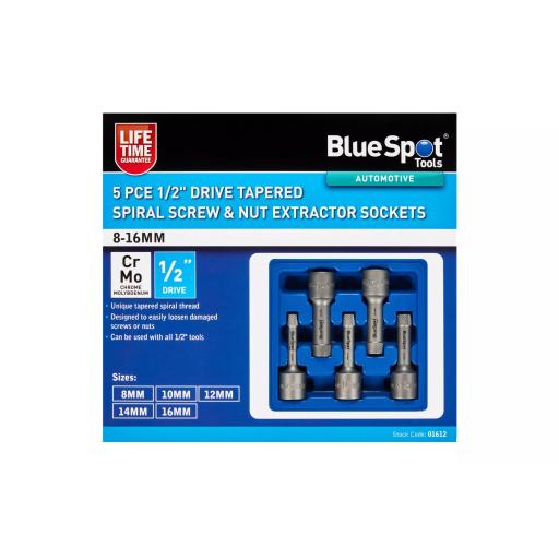5PCE 1/2" Tapered Spiral Screw & Nut Extractor Sockets