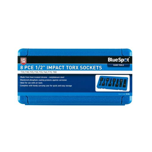 8 PCE 1/2" Impact Torx Sockets (T30-T80)